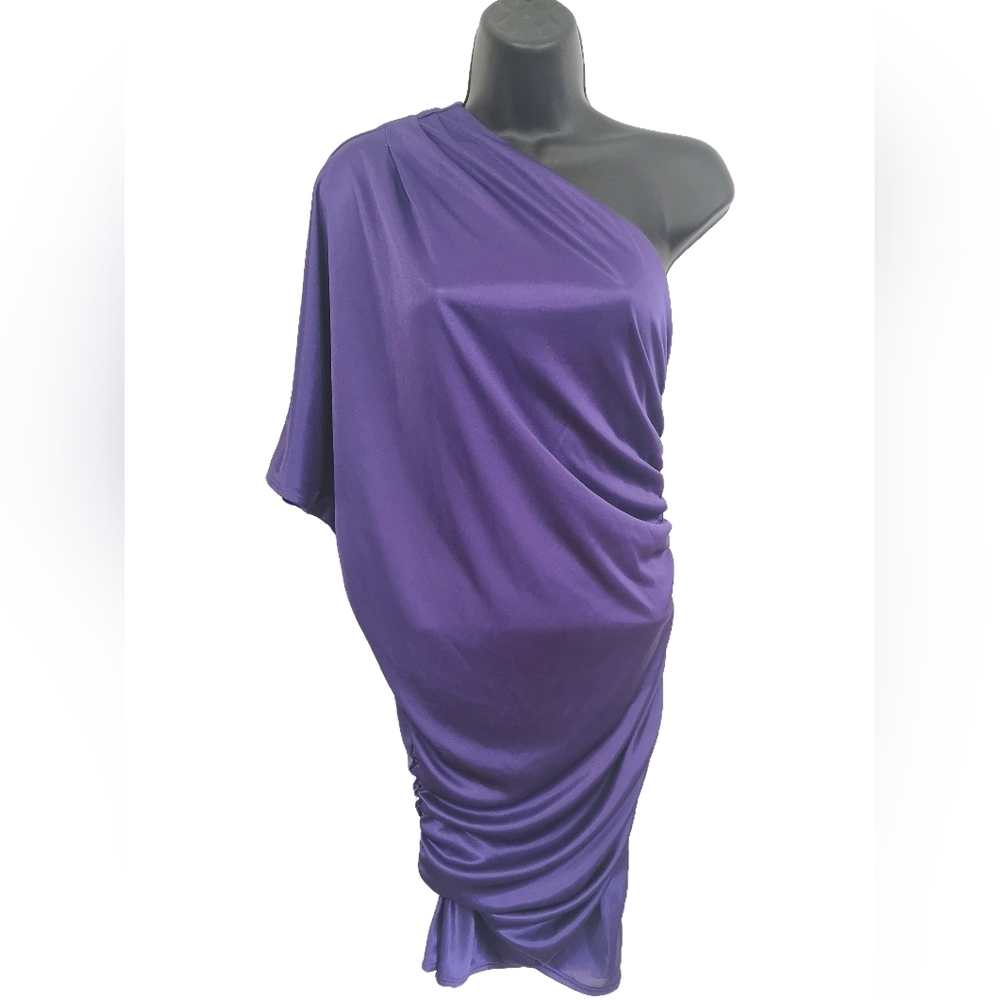 🥰*New* LE CHATEAU Satin Midi Cocktail Dress One Shoulder Purplish Blue Shiny